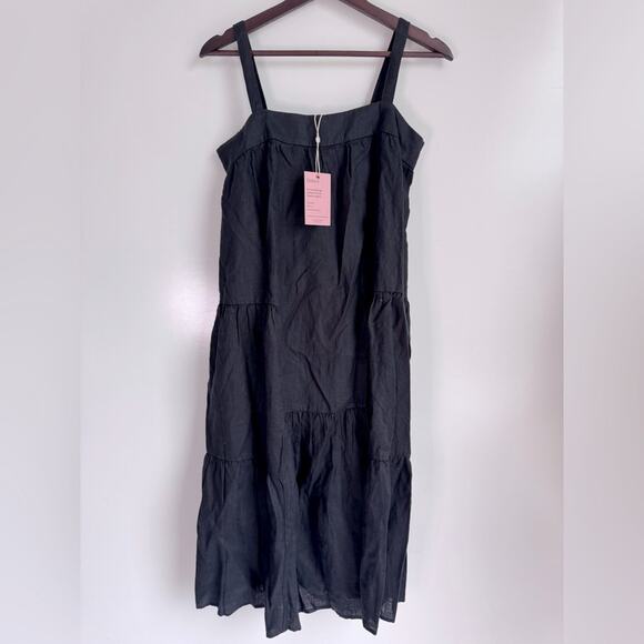 QUINCE‎ Women Small 100% European Linen Trapeze Midi Dress NEW Black tiered flax - Picture 2 of 14